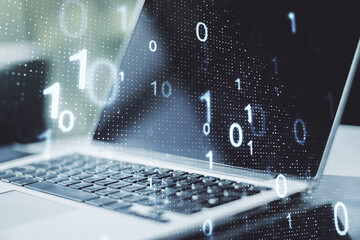 Aufkleber - Double exposure of creative abstract binary code hologram on laptop background. Database and programming concept