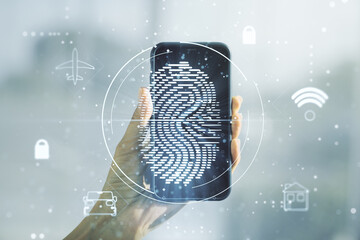 Poster - Double exposure of abstract creative fingerprint hologram and hand with cell phone on background, research and development concept