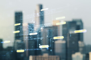 Aufkleber - Multi exposure of abstract graphic coding sketch on blurry skyscrapers background, big data and networking concept