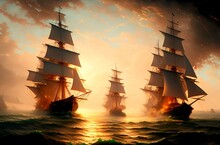 Medieval Ships Sailing In The Sea, Generative AI