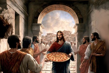 illustration of Jesus Christ is holding pizza tray with other surrounded him, inspiration from bible word 