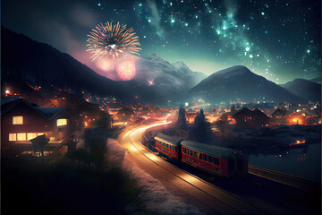 Wall Mural - fireworks over the winter swiss mountain village, celebrating 2023 new years eve, made with generative ai