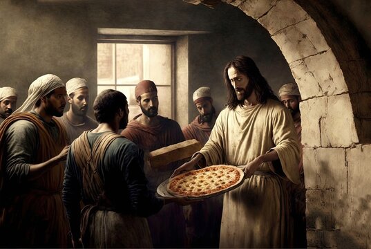 illustration of Jesus Christ is holding pizza tray with other surrounded him, inspiration from bible word 