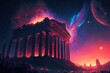 Leinwandbild Motiv a fiery meteorite hit a ancient greek city causing an apocalyptic explosion. catastrophe. Generative AI
