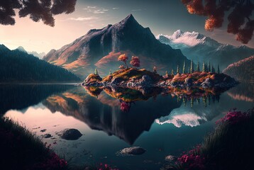 Wall Mural - beautiful landscape, hill,  forest and crystal surface lake