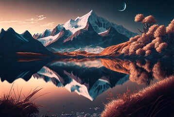 Wall Mural - beautiful landscape, hill,  forest and crystal surface lake