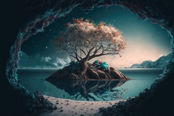 Wall Mural - beautiful landscape, hill,  forest and crystal surface lake
