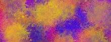Blue Watercolor Paint Background Design With Colorful Orange Pink Borders And Bright Center. Colorful Watercolor Background With Painted Sunset Sky Colors Of Pink, B Purple Green And Yellow. 