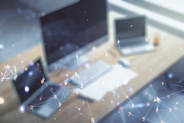 Aufkleber - Creative abstract wireless technology hologram and modern desktop with pc on background, artificial intelligence and machine learning concept. Multi exposure