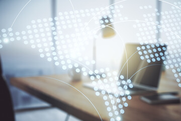 Leinwandbilder - Abstract creative world map with connections on modern laptop background, international trading concept. Multiexposure