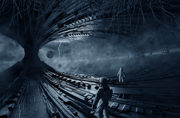 Wall Mural - interior of an abandoned space station, empty room, 3d illustration