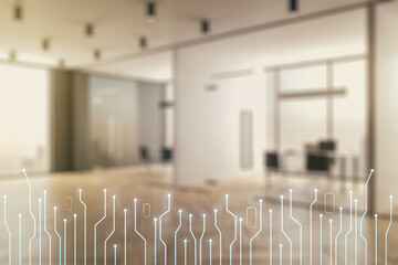 Aufkleber - Abstract virtual micro circuit sketch on a modern furnished office interior background, future technology and AI concept. Double exposure