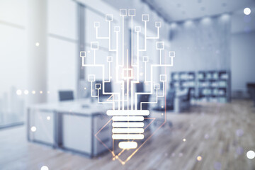 Aufkleber - Virtual creative idea concept with light bulb and microcircuit illustration on a modern furnished office background. Neural networks and machine learning concept. Multiexposure