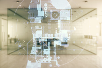 Poster - Double exposure of creative artificial Intelligence hologram on modern corporate office background. Neural networks and machine learning concept