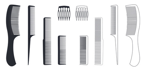 comb icon collection in black silhouette and line art style isolated on white background. Simple vector illustration, graphic, pictogram