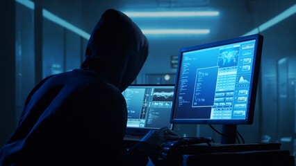 Computer Hacker in Hoodie. Obscured Dark Face. Concept of Hacker Attack, Virus Infected Software, Dark Web and Cyber Security.