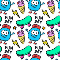 Wall Mural - Funny little monsters, skateboard, ice cream and other objects doodle illustration seamless pattern