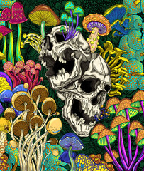 Abstract colorful background with bright magical psychedelic mushrooms and skulls. Hand-drawn print. Hippie magic mushrooms illustration print. Texture background for creativity and advertising