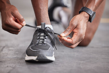 Canvas Print - Runner, lace and black man shoes for fitness sports workout, exercise training and cardio motivation. Athlete person feet, check running sneakers and ready for marathon wellness run in health gym