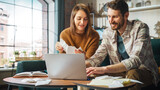 Fototapeta  - Doing Accounting at Home: Happy Couple Using Laptop Computer, Sitting on Sofa in Apartment. Young Family Filling Tax Forms, Mortgage Documents, Bills, Checks, Balances, Invoices are in Order