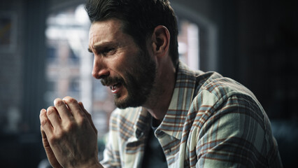 Portrait of Emotional Man Crying, Stressed, Having Mental Problems, Dealing with Death in the Family, Loneliness. Male Suffering from Depression, anxiety or other Treatable Disorders