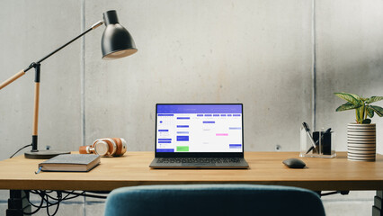 Aufkleber - Laptop Computer with Software Platform Screen Display Standing on a Desk. Efficiently Minimalistic Design of Modern Office Space. Business, Scheduling, Website for Time Management and Planning