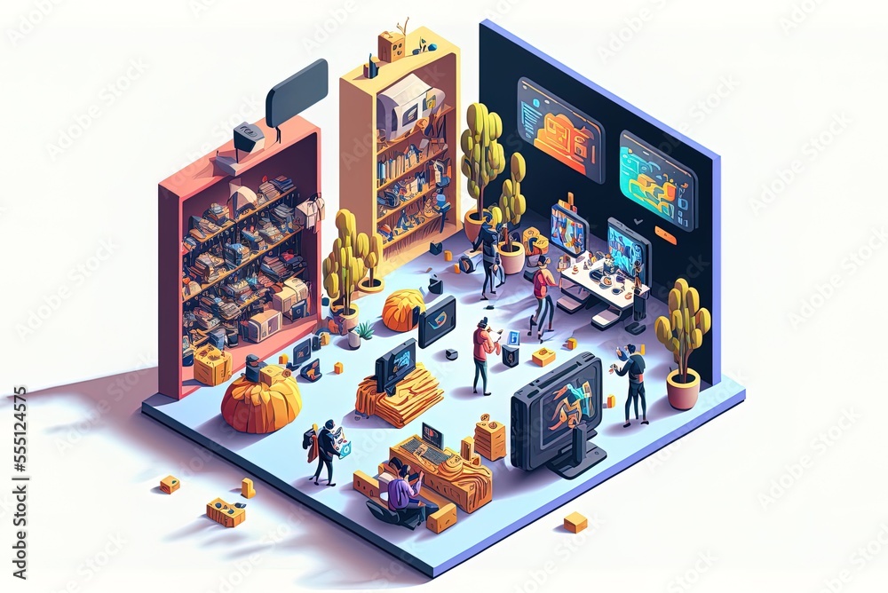 Isolated image of a metaverse isometric scene with characters doing ...
