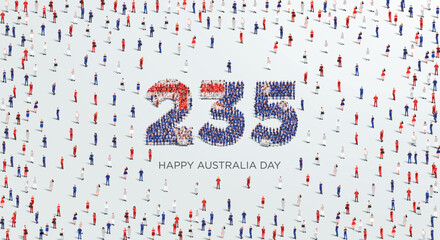 Happy Australia Day Design. A large group of people form to create the number 235 as Australia celebrates its 235th Australia Day on the 26th of January.