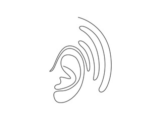 Poster - One continuous line drawing of human ear. Icon Symbol of hear health and sensory aid in simple linear style. Outline concept for world deaf day editable stroke. Doodle vector illustration