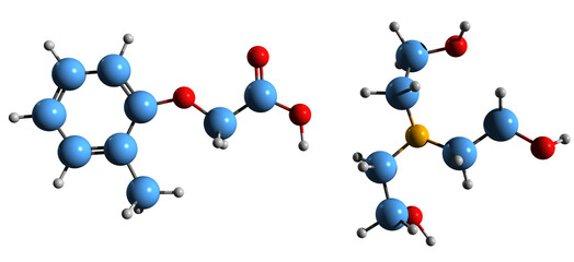 Poster -  3D image of Hydroxyethylammonium methylphenoxyacetate skeletal formula - molecular chemical structure of  synthetic adaptogen isolated on white background