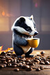 Adorable badger drinking coffee, coffee beans on the floor
