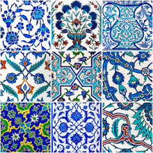Set Of Antique Ottoman Iznik Wall Tiles With Flowers Pattern.