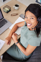 Poster - Black woman, office and call center in portrait for business communication, ecommerce management and telemarketing. African consultant, virtual assistant or advisor face working on a career strategy