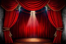 Magic Theater Stage Red Curtains Show Spotlight, Digital Illustration Painting Artwork