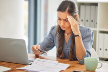 Stress, Credit Card Or Business Woman With Laptop Confused With Finance, Burnout Or Budget Depression In Office. Document, Bill Or Employee With Headache For Loan Payment Decline, Debt Anxiety Or Tax