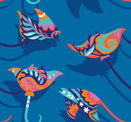 Poster - Seamless pattern with decorative sting ray or manta creatures, isolated on blue background. Gzel style