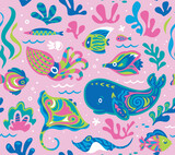 Fototapeta  - Seamless pattern with cute underwater life in ethnic style