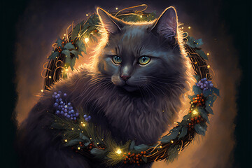 Wall Mural - Cat in Winter Wreath at Night with Twinkle Lights Holiday Greeting Card style Painting Generative AI