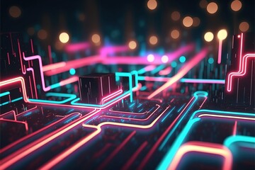 Wall Mural - 4K resolution or higher, abstract background with pink blue glowing neon lines and bokeh lights. Data transfer concept. Generative AI Technology