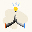 © master1305 - Contemporary art collage. Creative design. People holding hand to hand over light bulb. Creating ideas