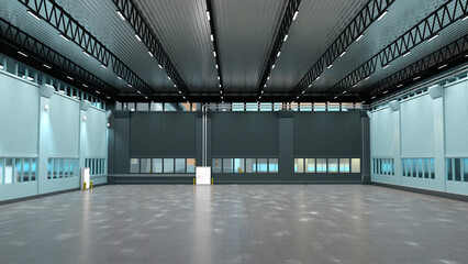 Poster - Empty warehouse. Industrial building inside view. Empty hangar for factory or plant. Industrial background. Warehouse with concrete floor. Industrial hangar with square windows. 3d image.
