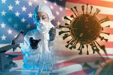 Antiviral Laboratory Specialist. Man In Chemical Protection Suit. Bacteria Near Virologist. Pandemic In USA. Virologist With Microscope Near USA Flag. Pandemic In United States. Coronavirus, Covid-19