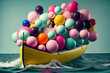 A small ship full of colorful helium balloons sailing the sea. Creative colorful party concept. Beautiful colorful balls as a symbol of fun and love. Illustration, Generative AI.