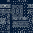 Blue paisley bandana fabric patchwork abstract vector seamless pattern