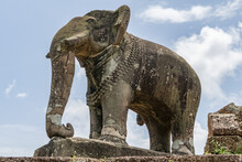 Stone Elephant At Corner Of Ruined Temple, East Mebon, Chang Puak Camp, Angkor Wat; Siem Reap, Siem Reap Province, Cambodia