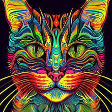 Psychedelic Colorful Cat Head With Big Eyes. Vibrant Artwork In A Surreal And Trippy Style. Generative AI.