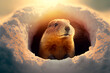 Groundhog Day, a groundhog crawls out of its burrow, which is under the snow in sunny weather