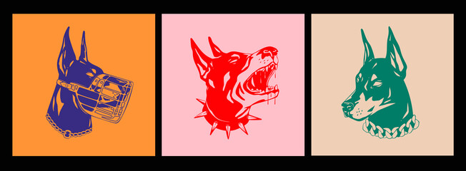 Wall Mural - portraits of a doberman dog. set of three various heads. dog with spiked and chain collar, dog with 