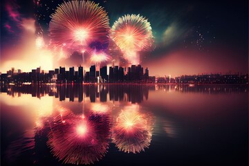 Wall Mural - New year's eve fireworks over a city skyline - generative ai