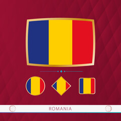 Wall Mural - Set of Romania flags with gold frame for use at sporting events on a burgundy abstract background.